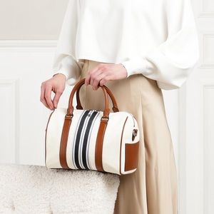 Ralph Lauren Cream Canvas Satchel with Navy and Tan Stripes